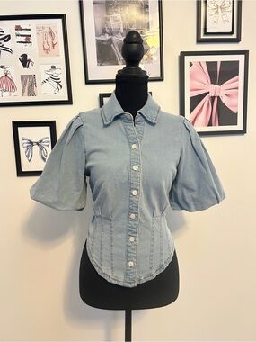 bagatelle Light Blue Denim Puff Sleeve Button-Front Shirt